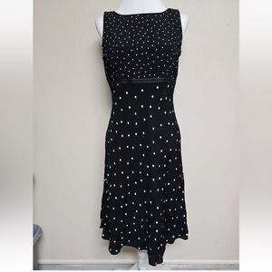 Ann Taylor Polka Dot Dress Womens 14 Black Midi Summer Flowy Lightweight Minimal